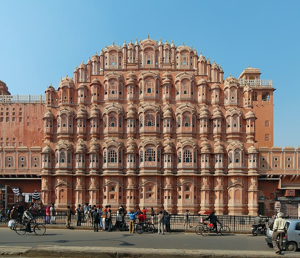 The many carved windows and balconies of Jaipur’s pink Hawa Mahal palace.